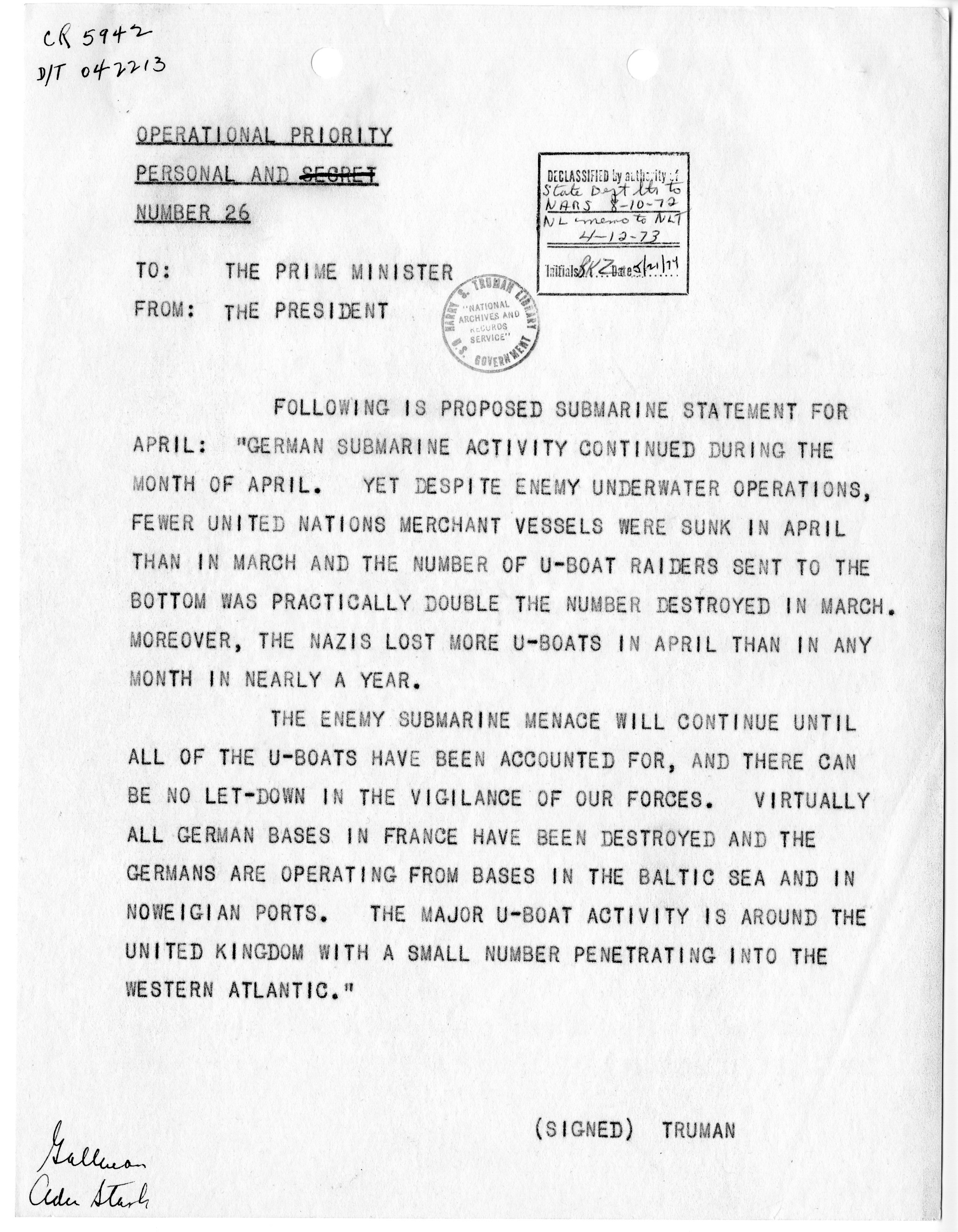Telegram from President Harry S. Truman to Prime Minister Winston Churchill