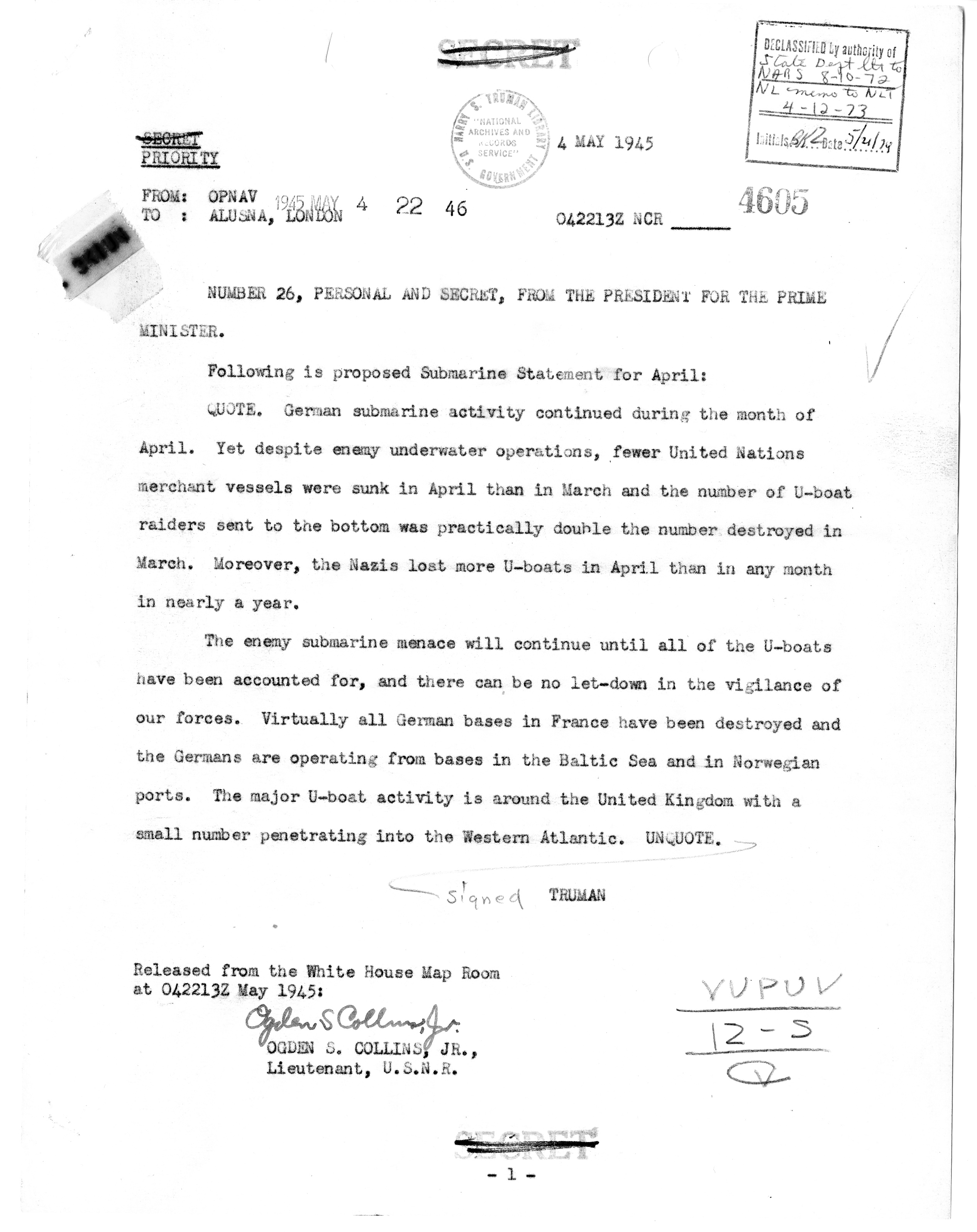 Telegram from President Harry S. Truman to Prime Minister Winston Churchill