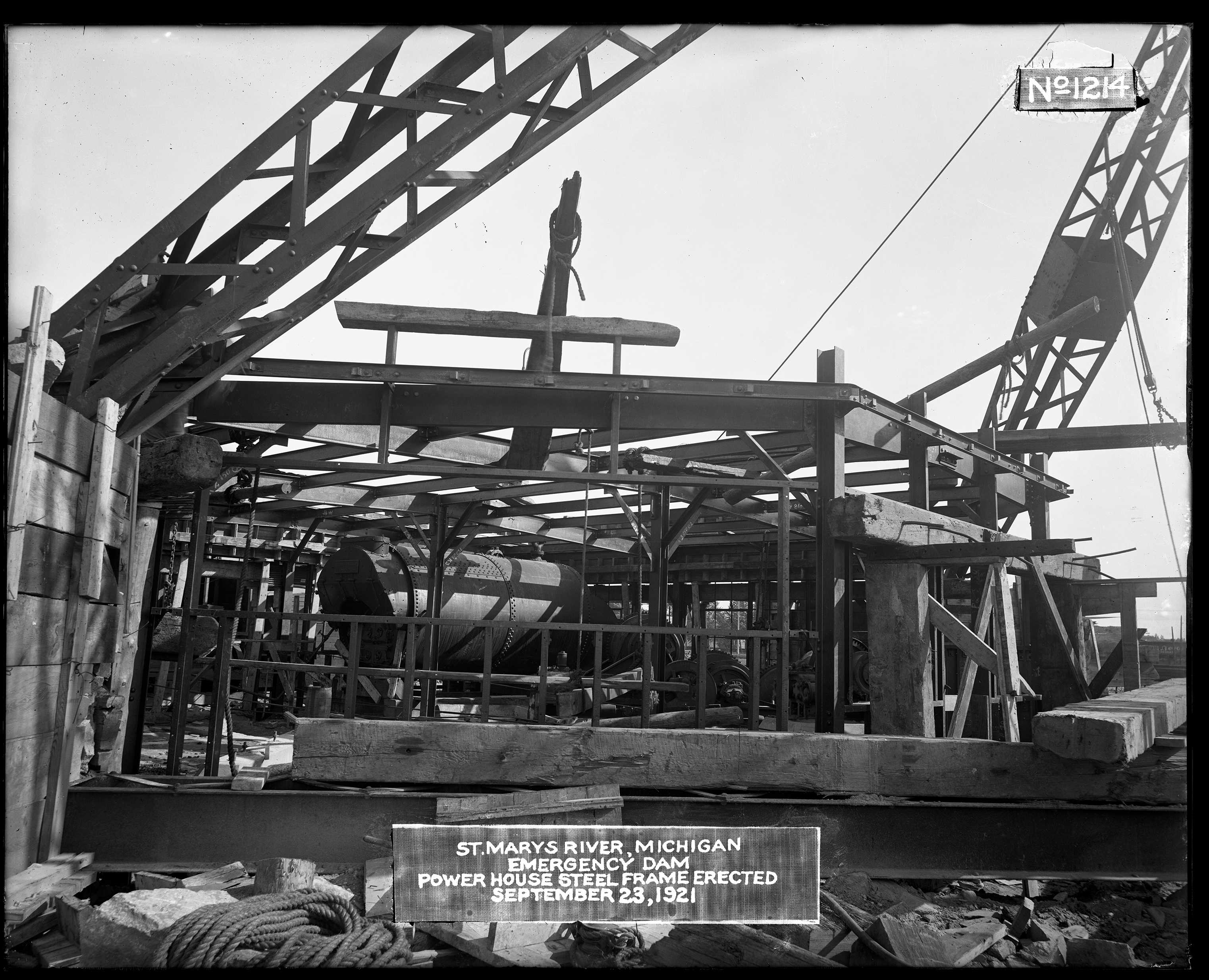 St. Marys Falls Canal: Emergency Dam; Power House, Steel Frame Erected