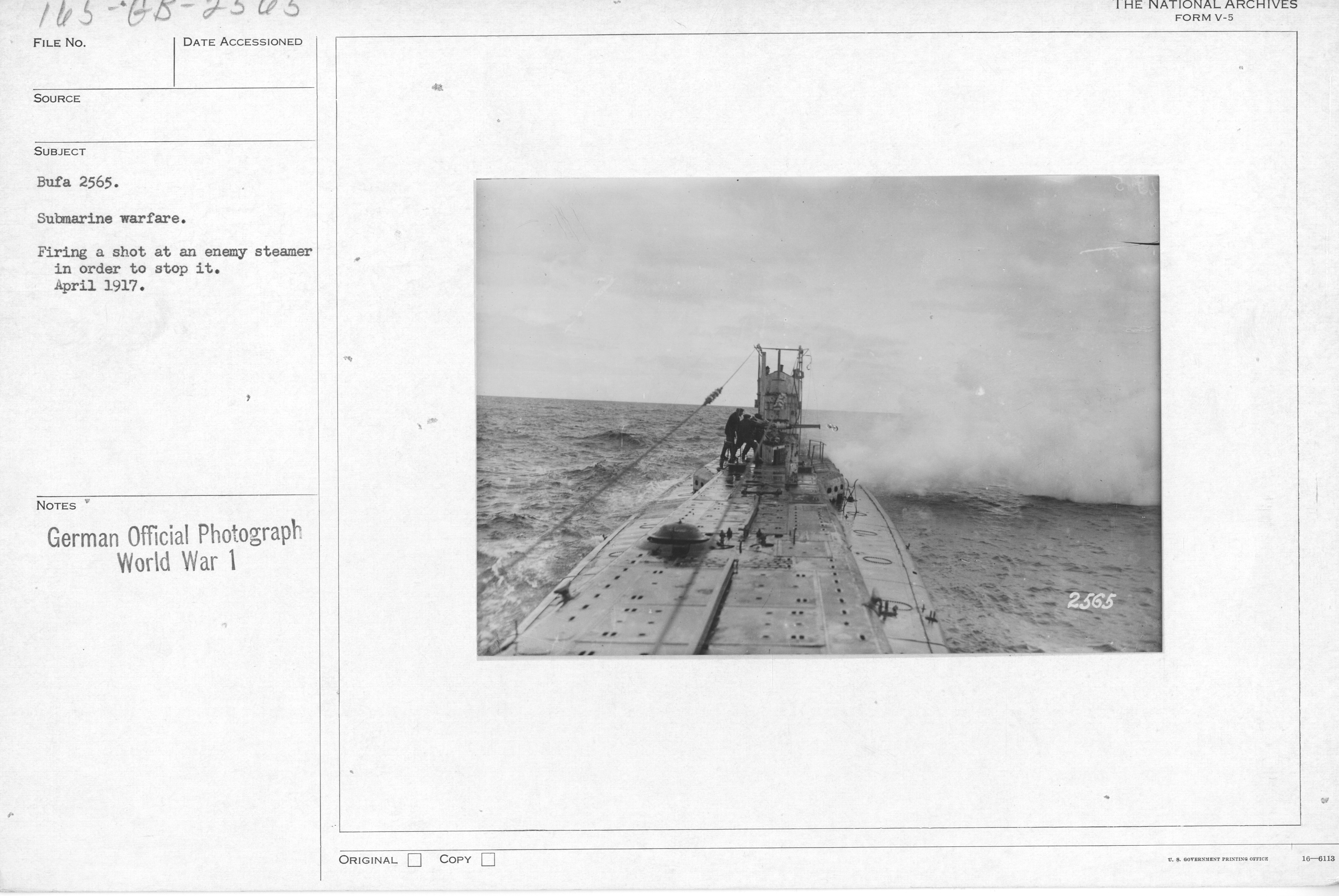 Submarine warfare. Firing a shot at an enemy steamer in order to stop it. April 1917