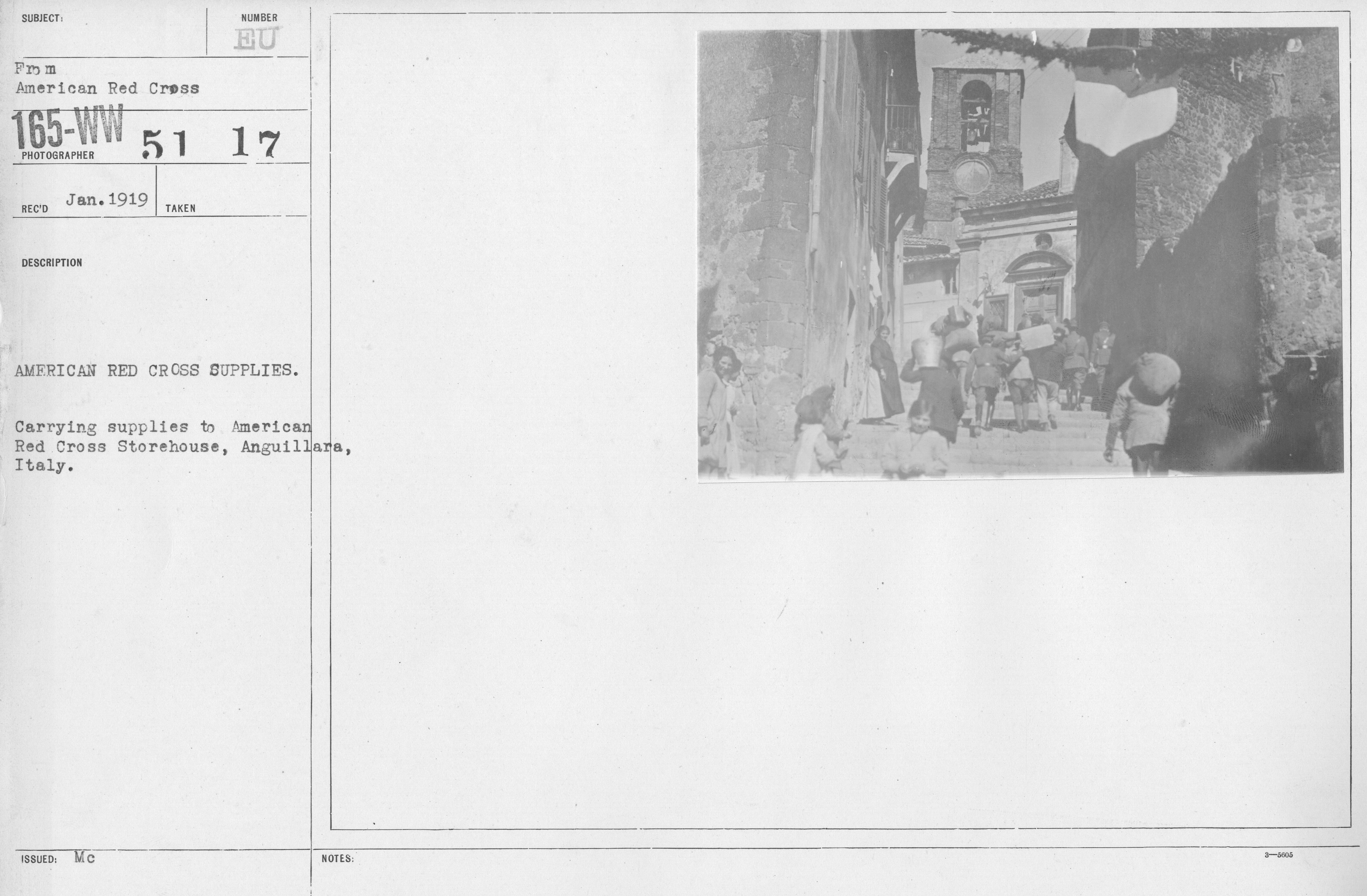 American Red Cross - Warehouses - American Red Cross supplies. Carrying supplies to American Red Cross Storehouse, Anguillara, Italy