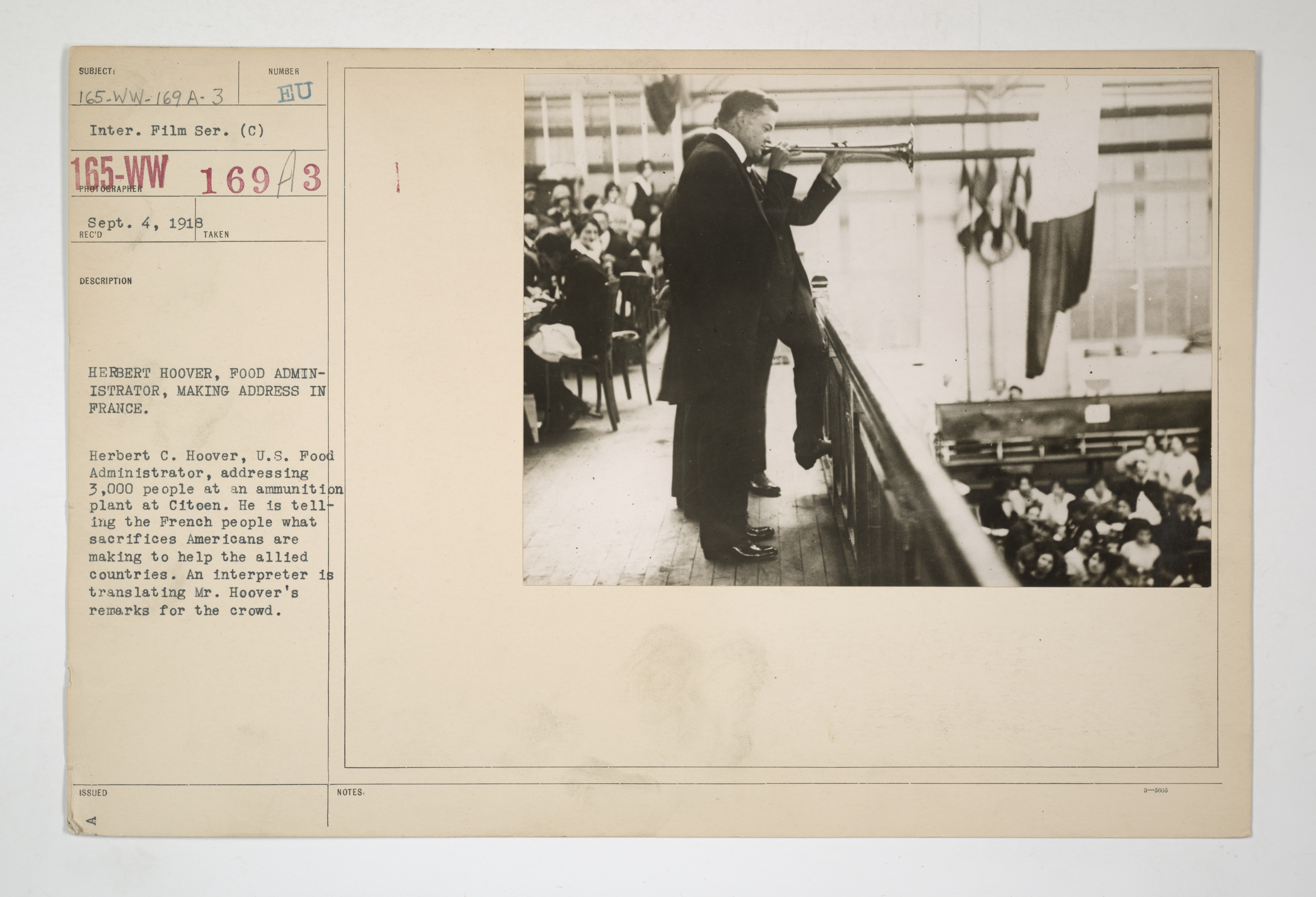 Food Administration - Administrators and Staff - Herbert Hoover, Food Administrator, making address in France