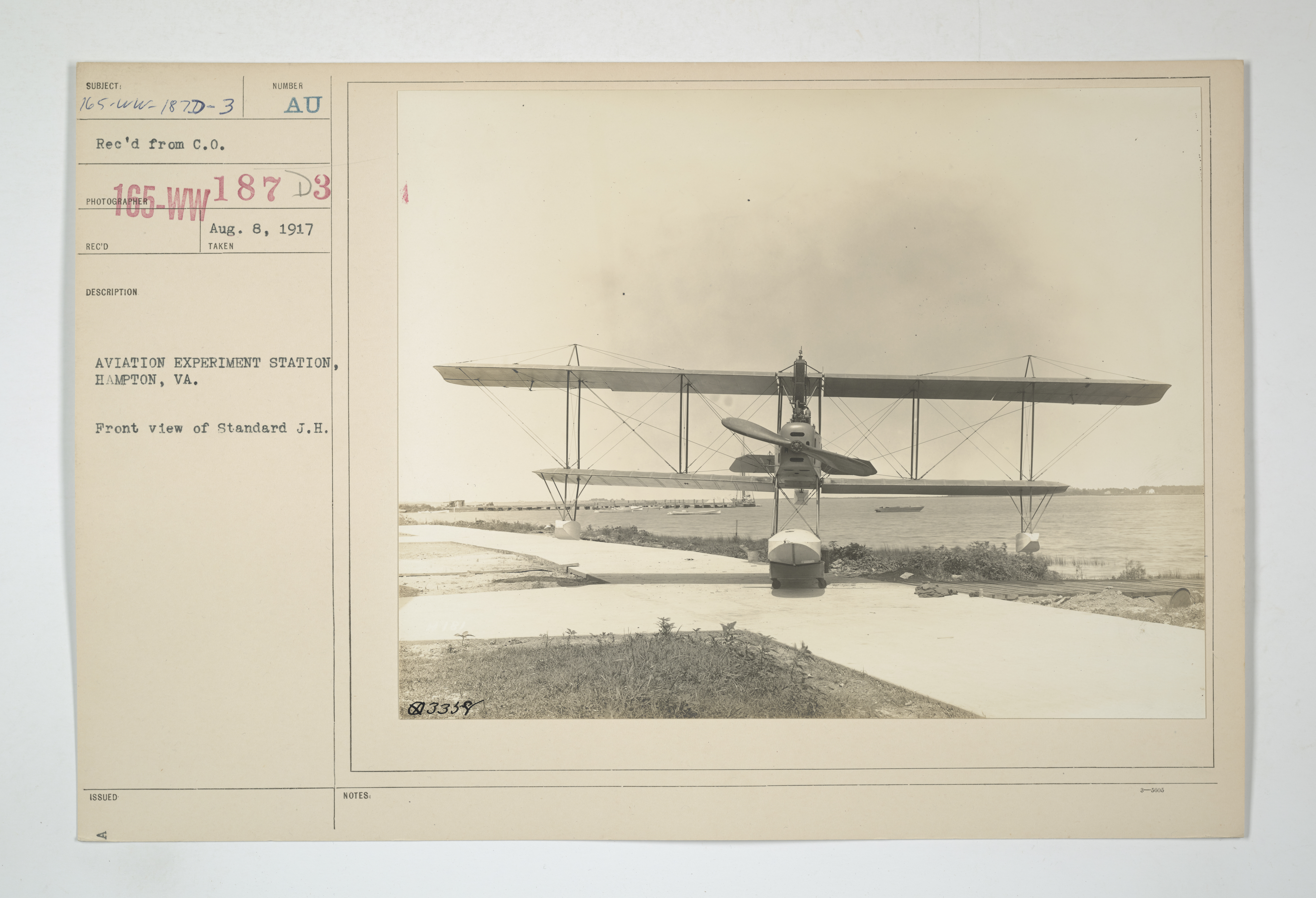 Hydroplanes - Types - Model - J - AVIATION EXPERIMENT STATION, HAMPTON, Virginia. Front view of Standard J.H