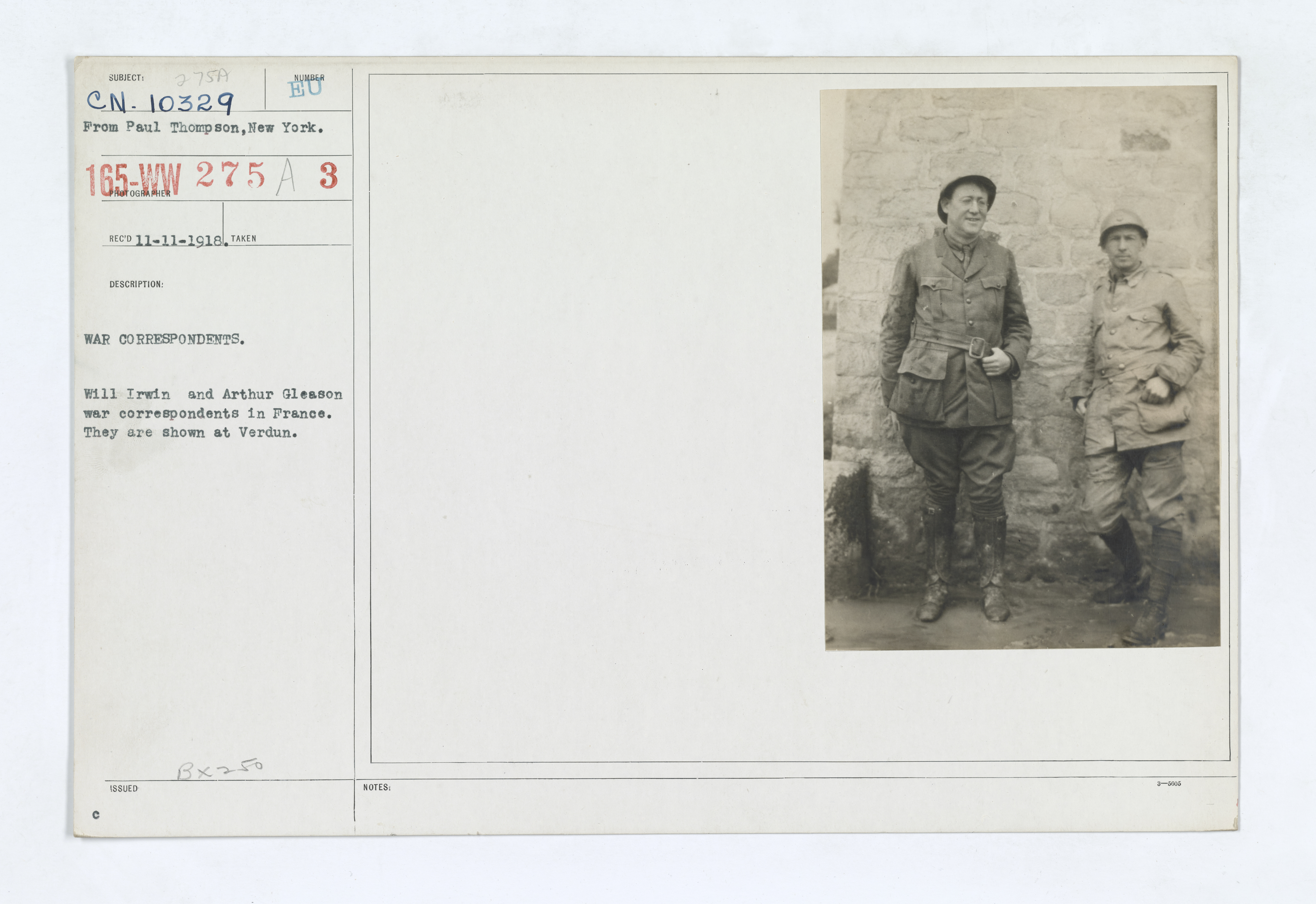 Military Administration - Correspondents - War - War correspondents. Will Irwin and Arthur Gleeson war correspondents in France. They are shown at Verdun