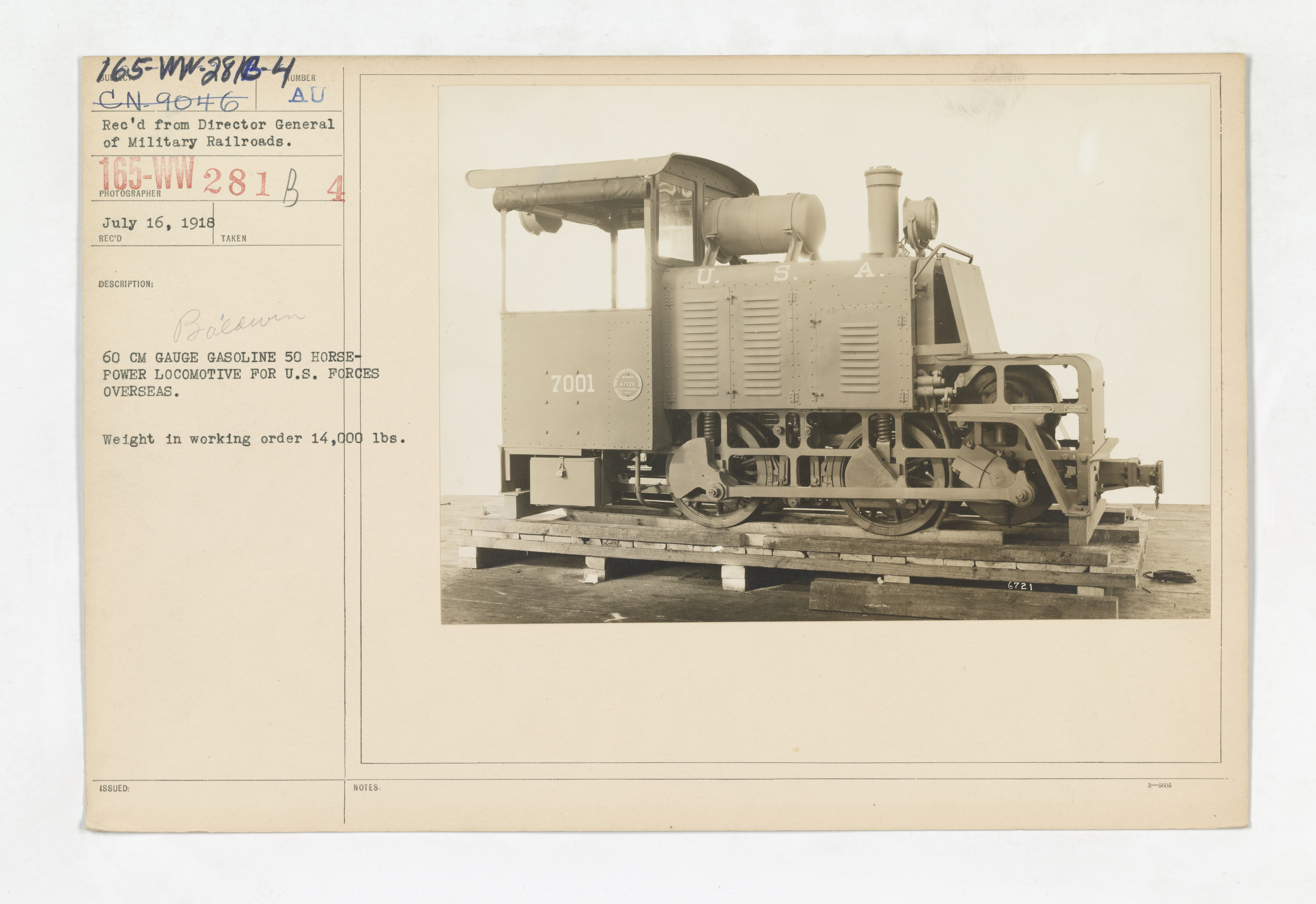 Military Administration - Transportation - Rail - 60 CM GAUGE GASOLINE 50 HORSE-POWER LOCOMOTIVE FOR U.S. FORCES OVERSEAS. Weight in working order 14,000 lbs