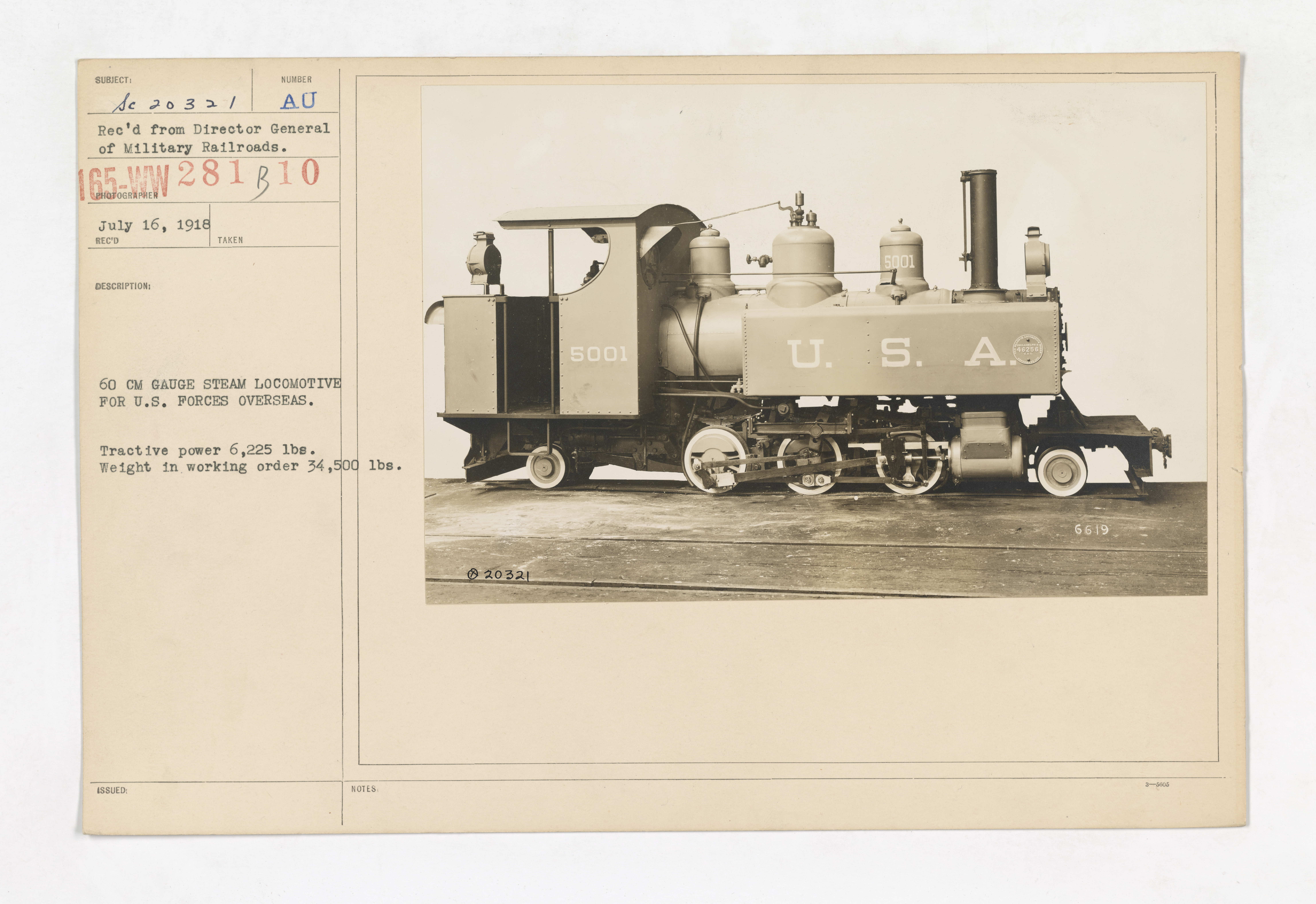 Military Administration - Transportation - Rail - 60 CM GAUGE STEAM LOCOMOTIVE FOR U.S. FORCES OVERSEAS. Tractive power 6,225 lbs. Weight in working order 34,500 lbs