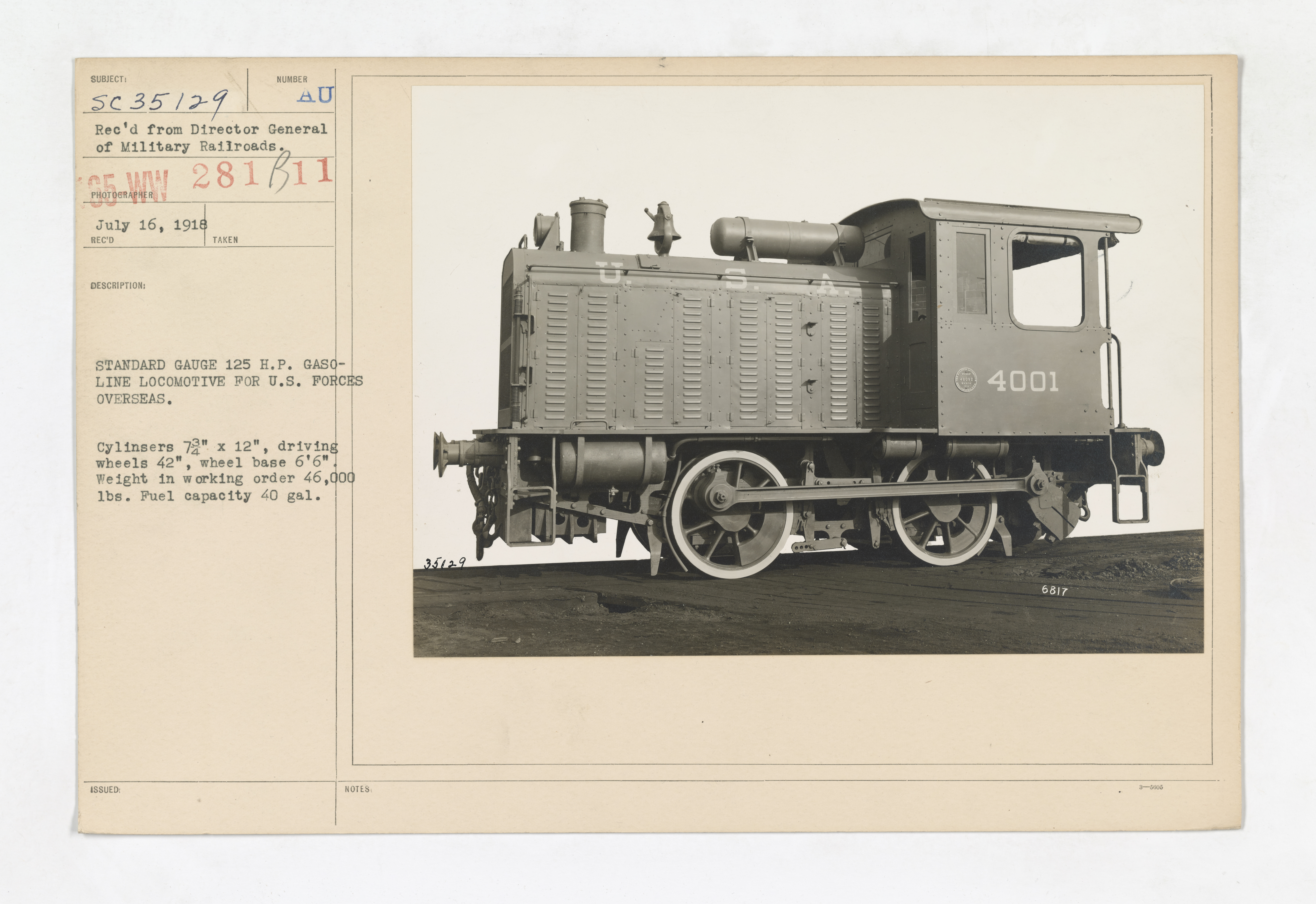 Military Administration - Transportation - Rail - STANDARD GAUGE 125 H.P. GASOLINE LOCOMOTIVE FOR U.S. FORCES OVERSEAS