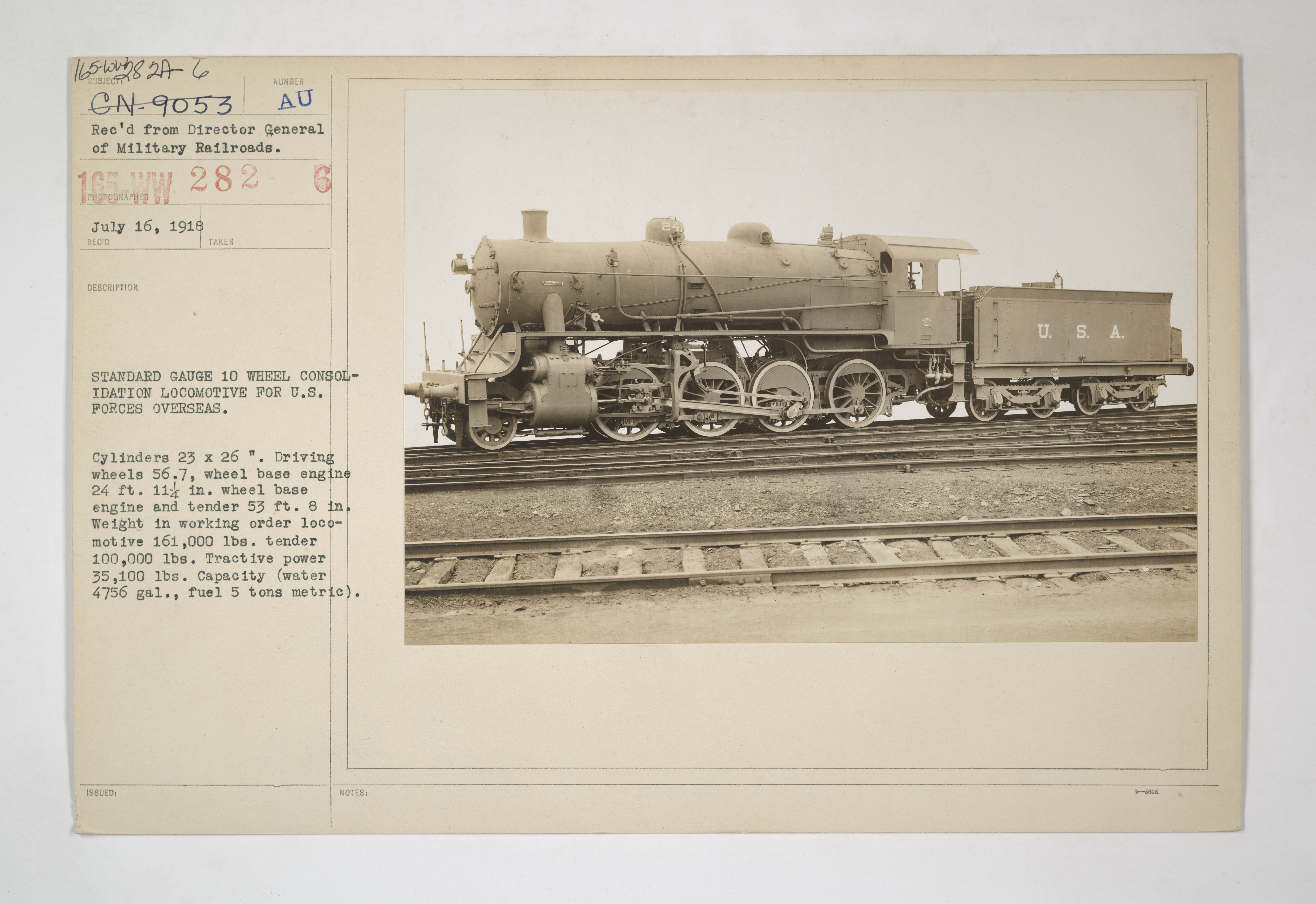 Military Administration - Transportation - Rail - Rolling Stock - STANDARD GAUGE 10 WHEEL CONSOLIDATION LOCOMOTIVE FOR U.S. FORCES OVERSEAS