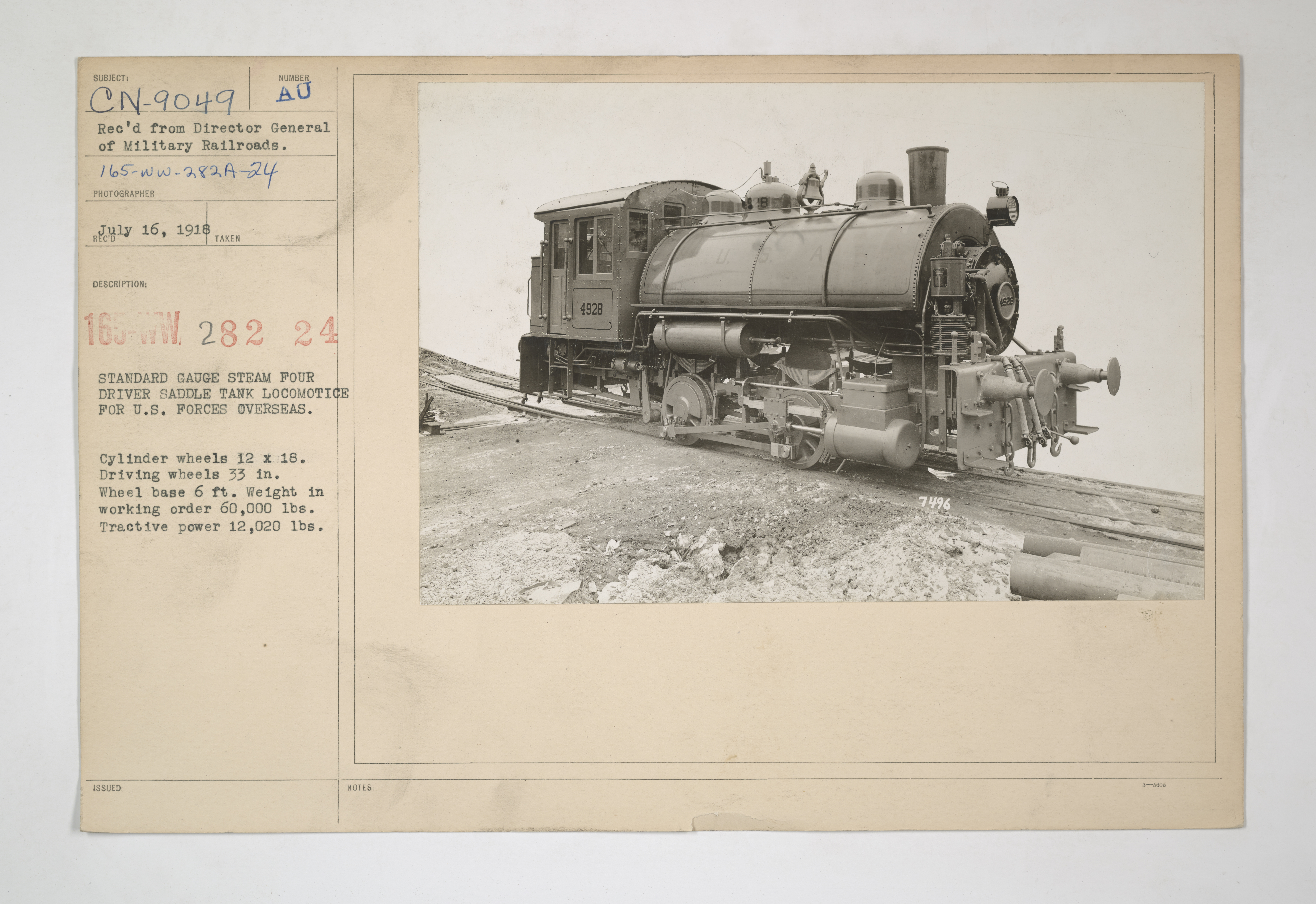 Military Administration - Transportation - Rail - Rolling Stock - STANDARD GAUGE STEAM FOUR DRIVER SADDLE TANK LOCOMOTIVE FOR U.S. FORCES OVERSEAS