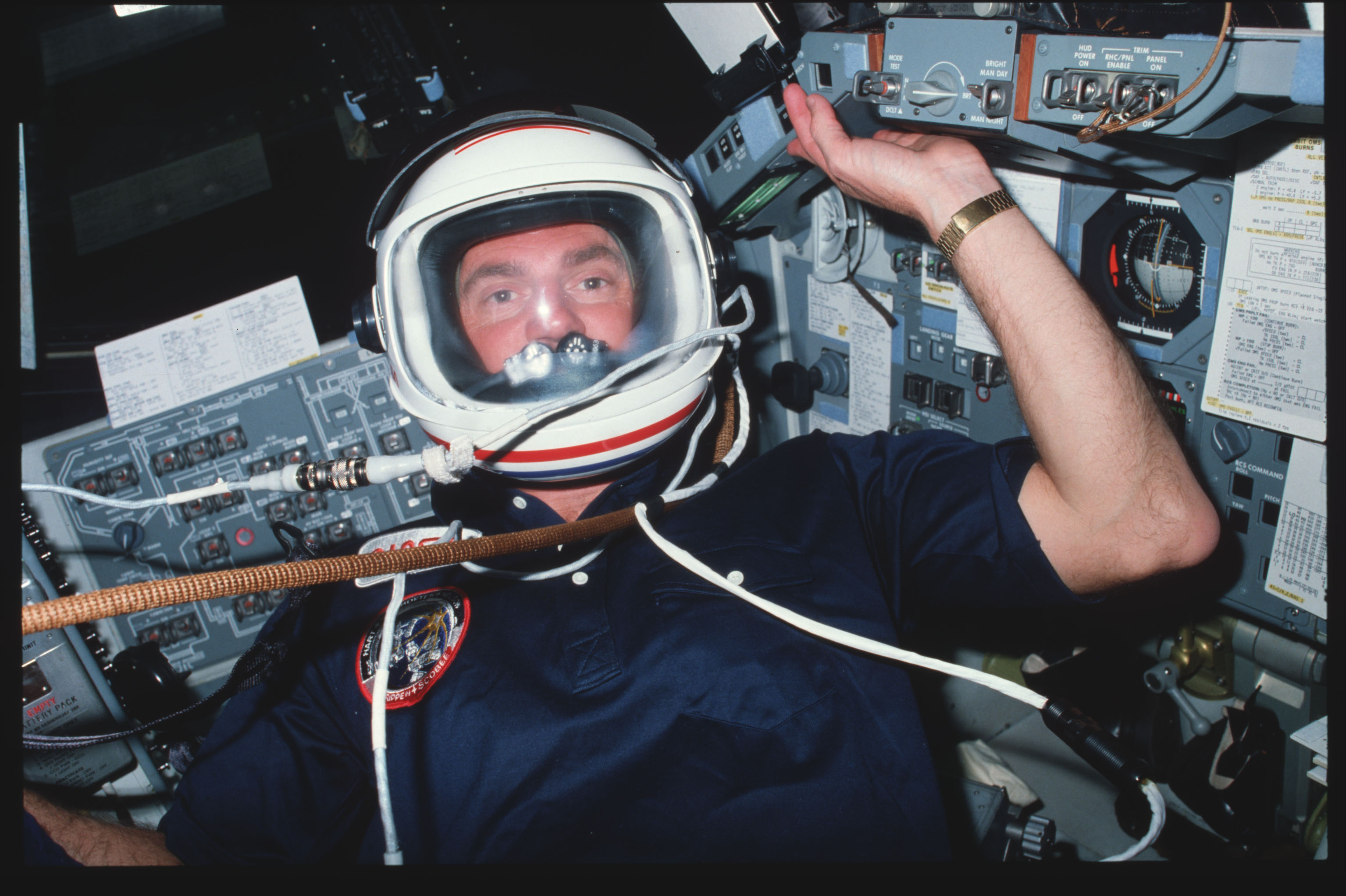 41C-02-055 - STS-41C - Astronauts van Hoften conduct pre-breating exercise