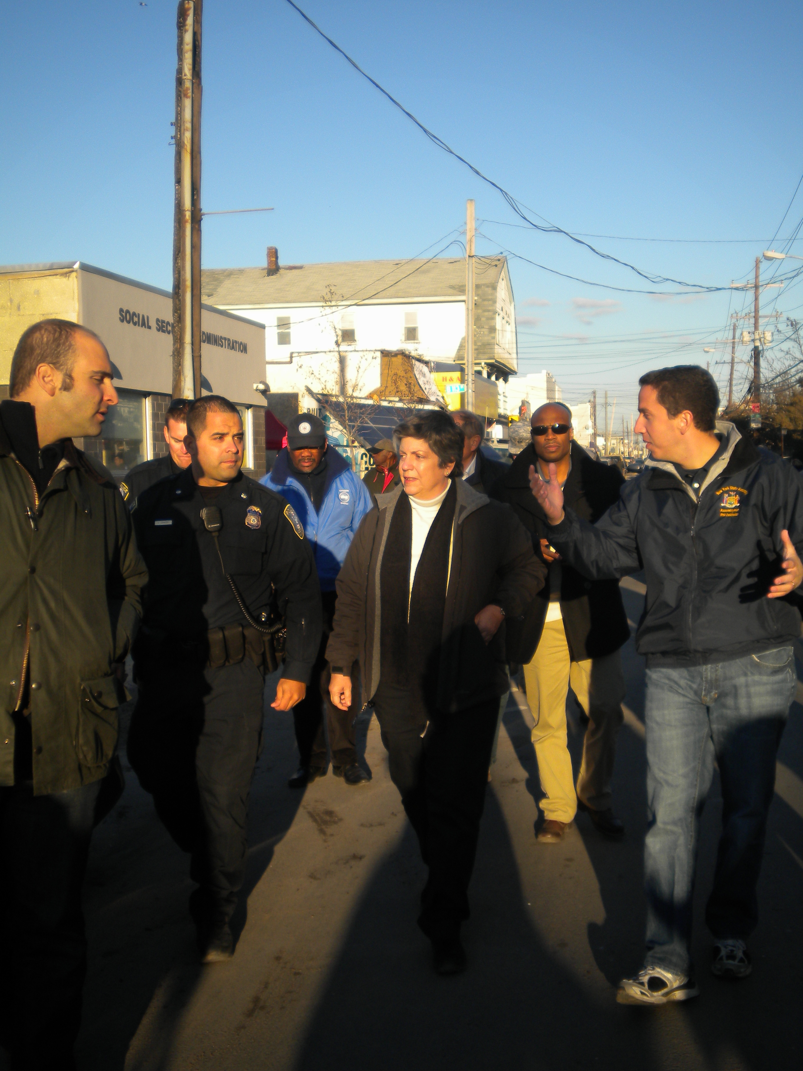 Rockaway, N.Y., Nov. 5, 2012 -- Department of Homeland Security Secretary Janet Napolitano visits the Rockaways where she met with state, local officials, first responders, and volunteers to discuss ongoing response and recovery efforts of Hurricane Sandy. FEMA is working with state and local officials to assist residents who were affected by Hurricane Sandy. Photo by Geralda Calixte