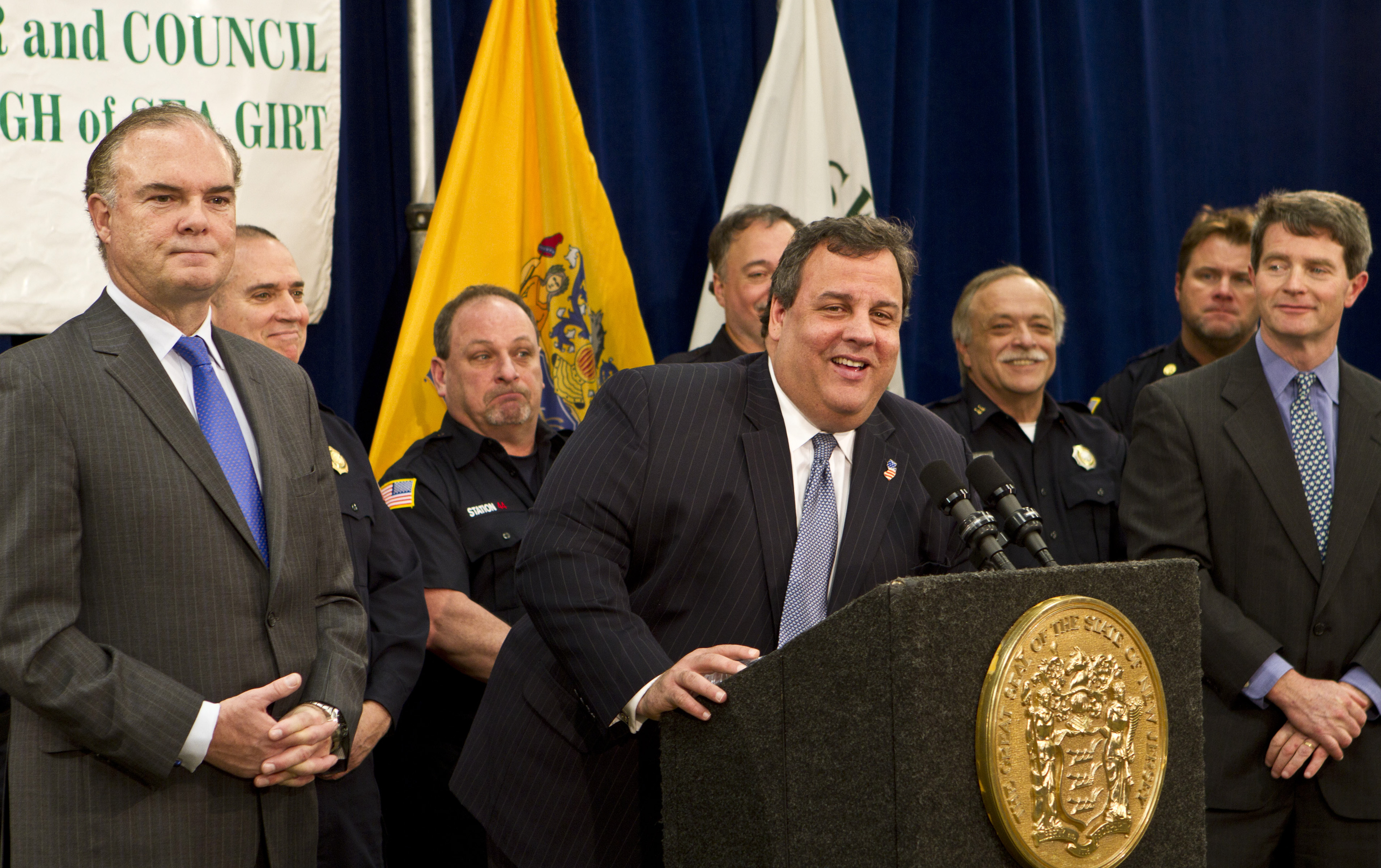 Sea Girt, N.J., Feb. 6, 2013 -- New Jersey Governor Christie, along with New Jersey Department of Environmental Protection Commissioner Bob Martin and Mayor Ken Farrell entertain questions from the media at the Recovery and Rebuilding press conference. Photo by Rosanna Arias/FEMA