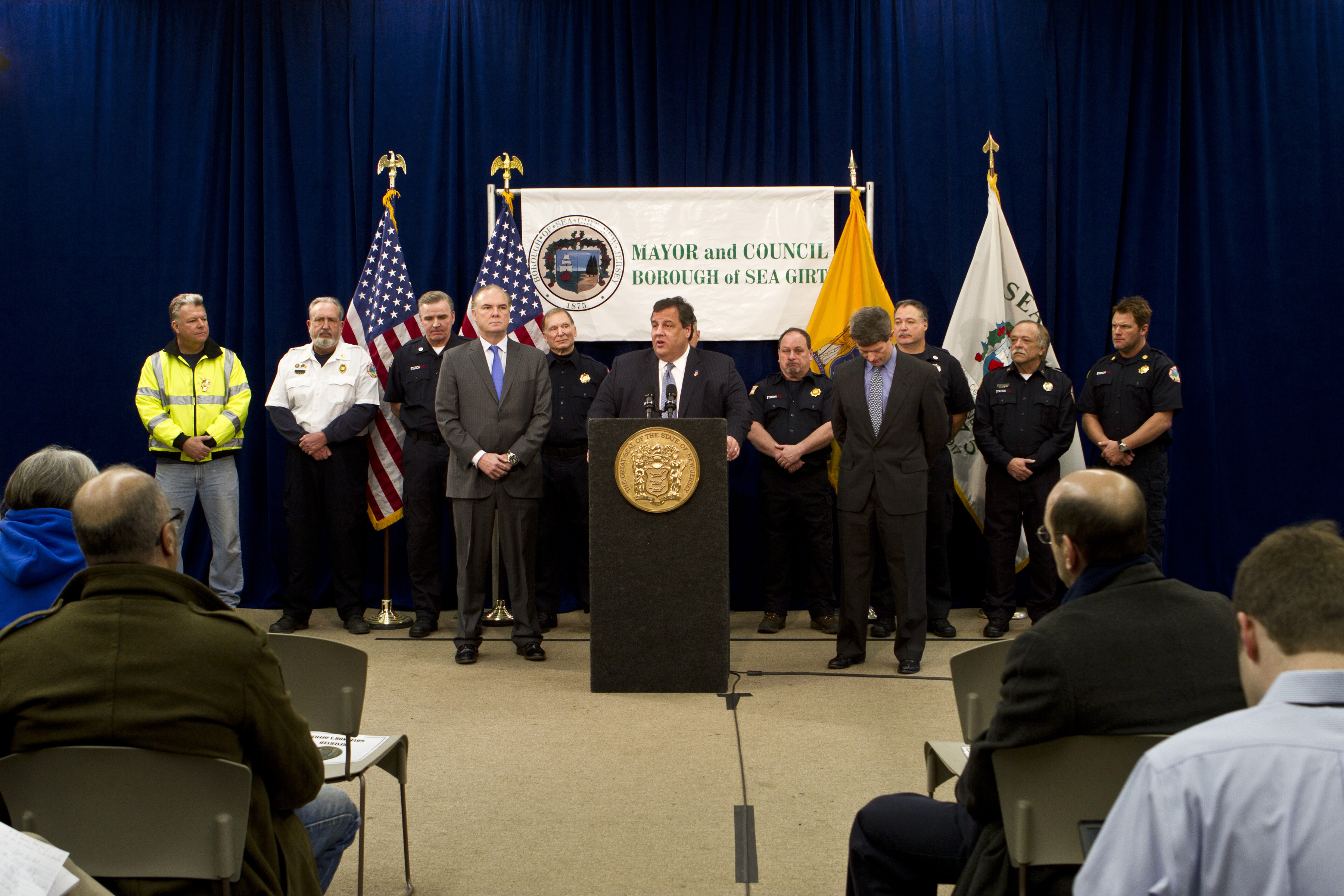 Sea Girt, N.J., Feb. 6, 2013 -- Governor Christie, Department of Environmental Protection Commissioner Bob Martin(L) and Mayor Ken Farrell (R) hold a press conference at the National Guard Training Center in Sea Girt to discuss reconstruction of the Sea Girt Boardwalk. Photo by Rosanna Arias/FEMA